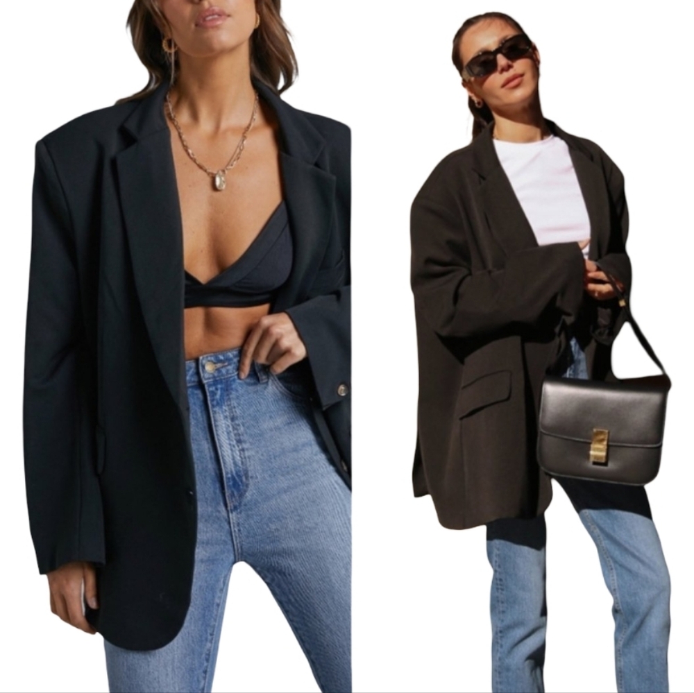 Showpo Michelle Blazer Oversized Plunge Neck Button Up Blazer in Black Sz 6 New